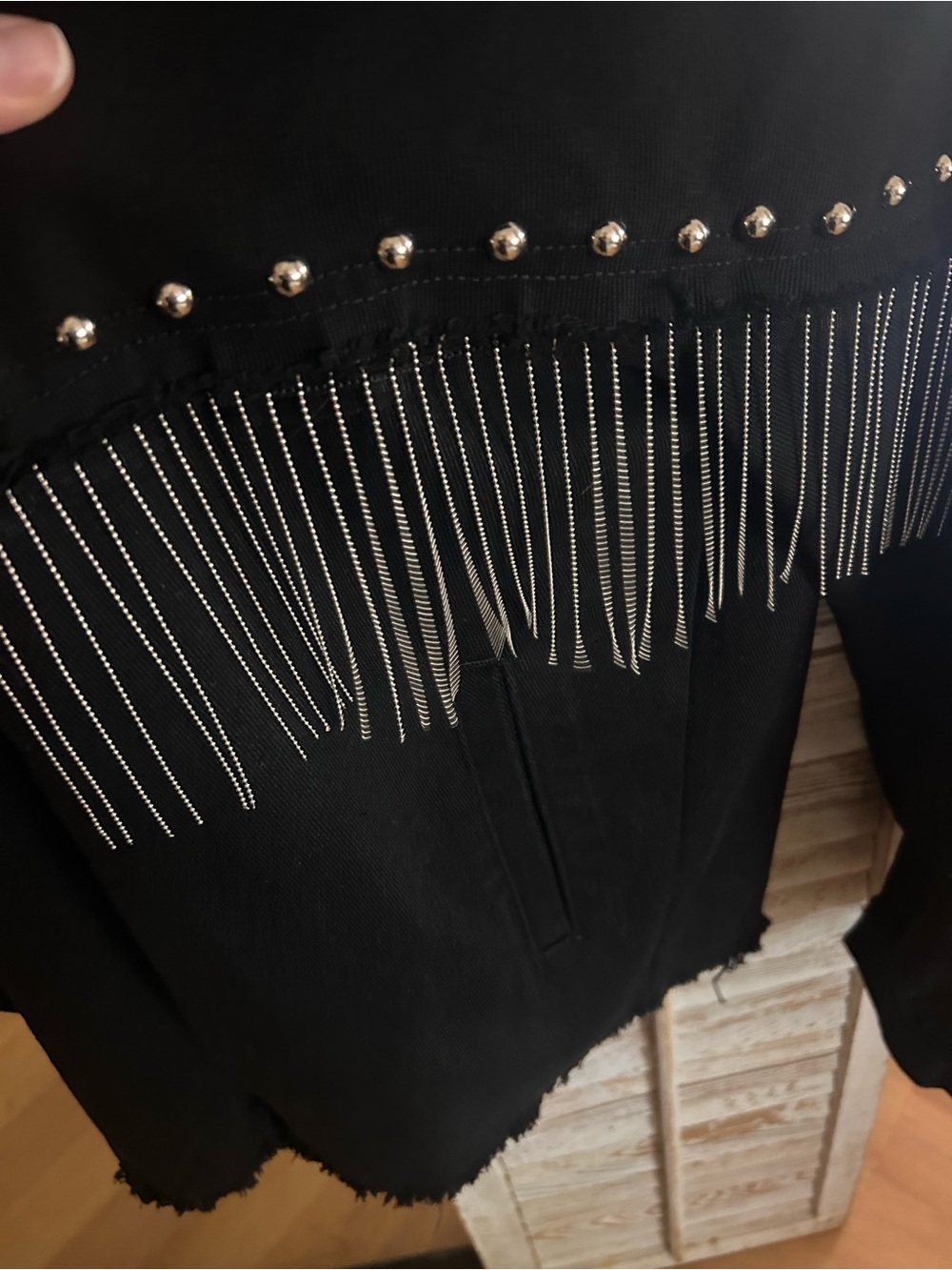 NWT Oversized Fringed Black Denim Jacket with Silver Tassels - Picture 6 of 6
